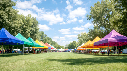 Summer festival with colorful tents, food trucks, and a vibrant atmosphere, featuring lively music, festival-goers enjoying street food, and colorful decorations under bright skies.
