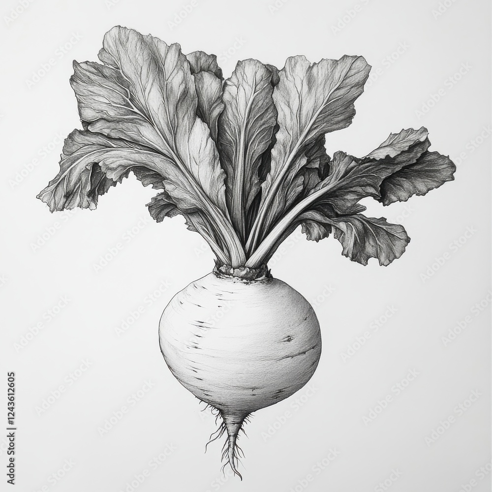 Poster turnip with leafy greens illustrated in black and white showcasing intricate details of its structur