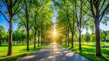 Obraz premium Sunlit Pathway Through Lush Green Trees in a Tranquil Park