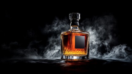 Premium glass whiskey bottle with blank label on smoky background for beverage branding and design