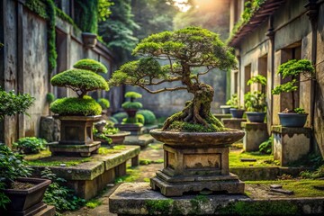 Fototapeta premium Serene Bonsai Tree in Abandoned Zen Garden, Urban Exploration Photography