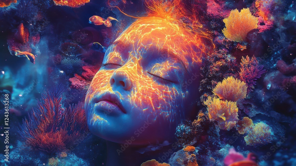 Aufkleber Vibrant underwater visualization of a child's face illuminated by colorful corals and fish in an enchanting aquatic setting