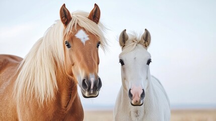 Obraz premium Two horses, field, serene sky, friendship
