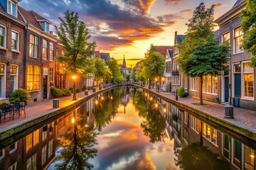 Fototapeta premium Serene Delft Canal: Charming Dutch Houses & Boats at Golden Hour