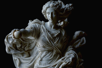 Eris, the goddess of discord with an apple. Antique marble statue against black background. Ancient Roman and Greek mythology. Horizontal image.