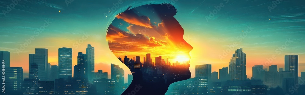 Poster silhouette of a person with a vibrant skyline at sunset creating a beautiful blend of nature and urb