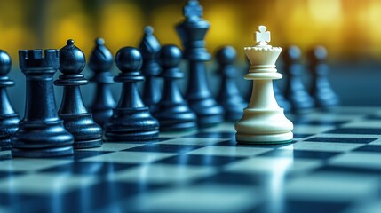 The white chess king standing confidently among the defeated black pawns, symbolizing leadership, success, and overcoming challenges through strategic planning and execution.