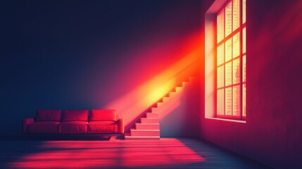 A set of stairs leading upwards with light shining on the next step, symbolizing progress, success, and the journey to achieving goals and personal growth in life.