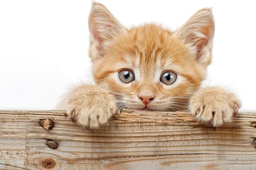 Naklejka na ściany i meble A curious orange kitten peeks over a wooden fence, showcasing its big blue eyes and soft fur.