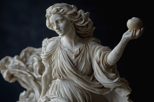 Eris, the goddess of discord with an apple. Antique marble statue. Ancient Roman and Greek mythology.