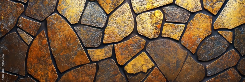 Poster intricate design of brown and gold patterned stones arranged in a mosaic on a textured surface