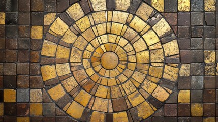Fototapeta premium Abstract circular design featuring brown and gold tiles in a geometric pattern on a textured background