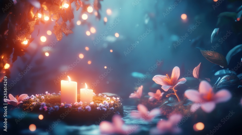 Poster tender depiction of remembrance blending candlelight and blossoms in a serene setting
