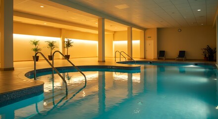 Tranquil indoor pool area.  Calm water, hotel spa pool, light, metal handrails.  Relaxing recreational facility.