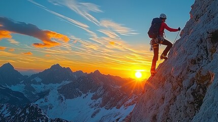 Fototapeta premium A person climbing a mountain with the sun setting in the background, illustrating the effort to go up toward success and the rewarding feeling of achieving oneâ€™s dreams.