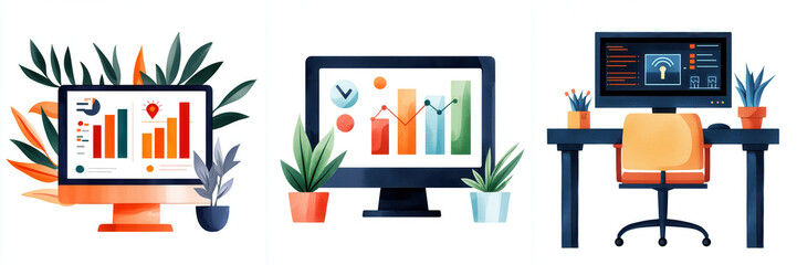 Colorful Digital Workspace with Graphs and Plants for Productivity