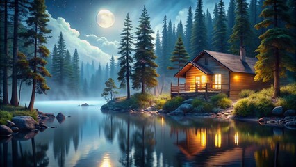 Fototapeta premium Serene Lakeside Cabin Night: Peaceful Forest Escape Stock Photo