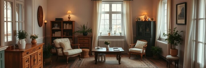 Fototapeta premium Warm and cozy French-style room illuminated by a gentle Scandinavian glow, warm, mockup, french style