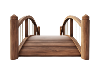 A charming rustic wooden arched bridge with rope railings and a wooden deck is shown from a frontal perspective.