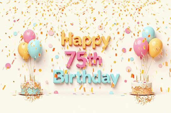 Animated 3D Happy 75th Birthday background video in pastel theme with floating balloons, lit candles, fireworks, and confetti shower