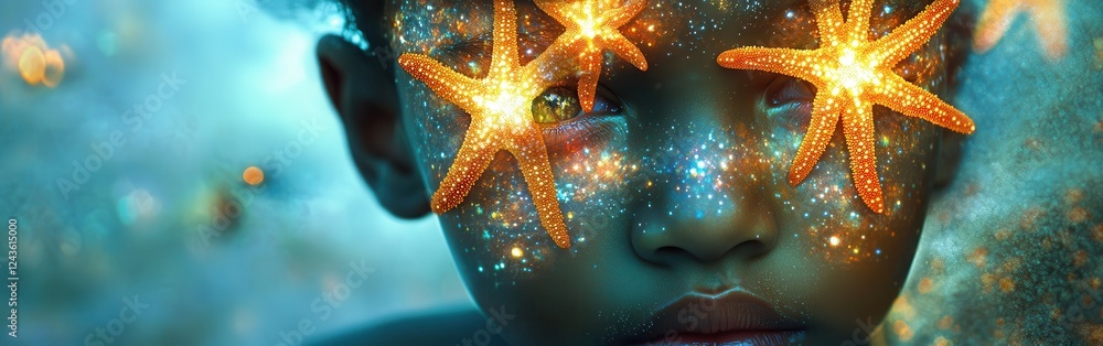Poster surreal portrait of a glowing child with starfish and cosmic elements in a dreamlike underwater sett