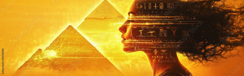 Poster surreal representation of a glowing woman with pyramids and ancient symbols in a mystical landscape 