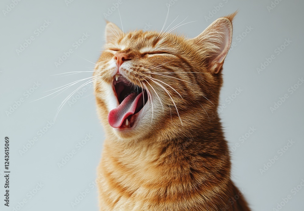 Aufkleber Charming Yawning Ginger Cat Posing Against Light Gray Background with Playful Expression and Soft Fur Texture Capturing a Delightful Moment of Feline Life