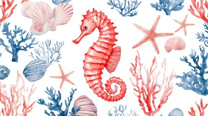 Watercolor Sea Life Pattern with Red Coral, Sea Horse, Starfish, and Shells