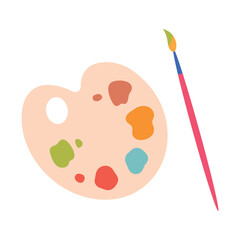 Palette with paints of different colors and a brush. Top view of a palette with paints. Isolated vector illustration in flat style.