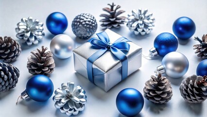 Festive Silver Gift Box with Blue and Silver Ornaments and Pine Cones