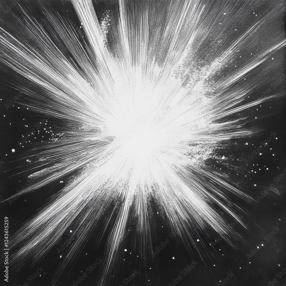 Poster starburst explosion radiating light in a dynamic and energetic sketch on a dark background