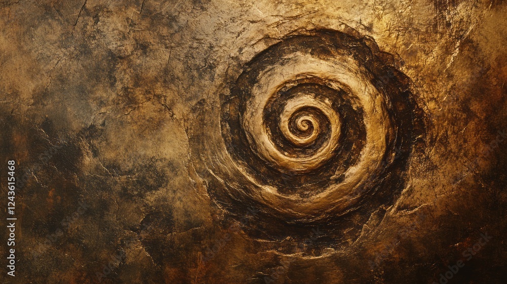 Poster swirling brown and gold abstract design with a spiral pattern on textured background