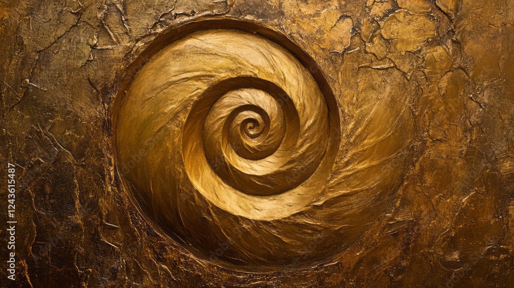 Poster swirling golden spiral against a textured brown background showing a blend of colors and patterns