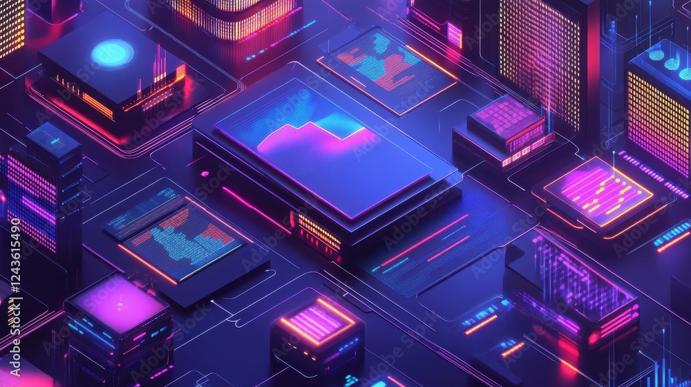 Poster modern financial data visualization with sleek design and vibrant colors showcasing analytics and tr