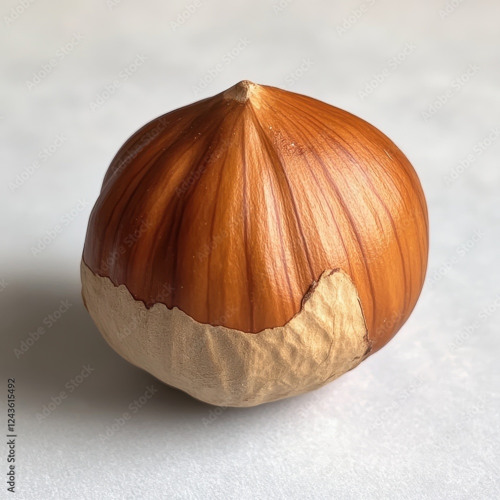 Poster roasted hazelnut resting on a smooth surface showcasing its shiny brown shell and natural texture