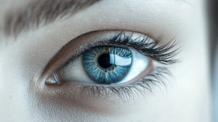 Obraz premium Close-up of a captivating blue eye, showcasing intricate details and captivating beauty