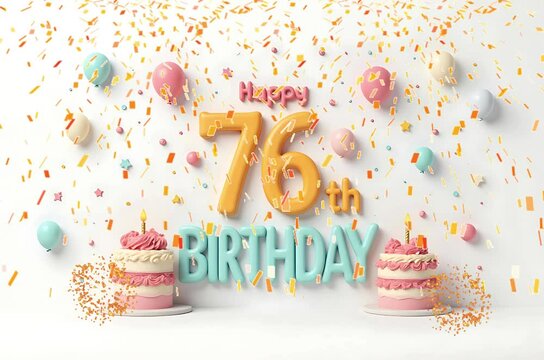 Animated 3D Happy 76th Birthday background video in pastel theme with floating balloons, lit candles, fireworks, and confetti shower