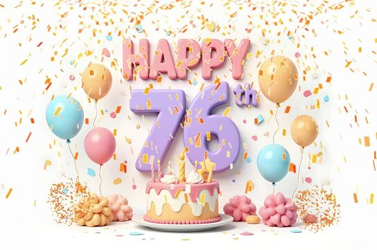 Animated 3D Happy 76th Birthday background video in pastel theme with floating balloons, lit candles, fireworks, and confetti shower