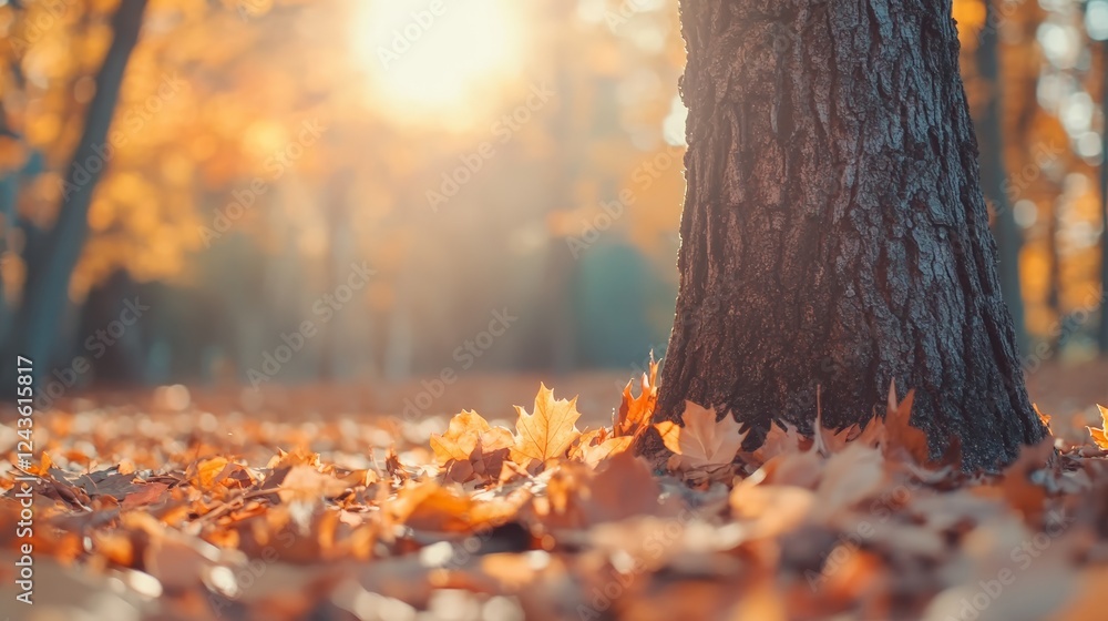 Poster golden sunlight is streaming through trees in an autumnal park, illuminating fallen leaves gathered 