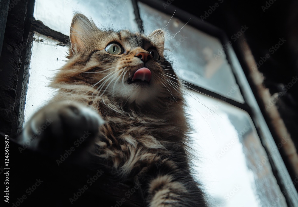 Poster close-up of a playful cat with fascinating expressions captured by window with soft natural light an