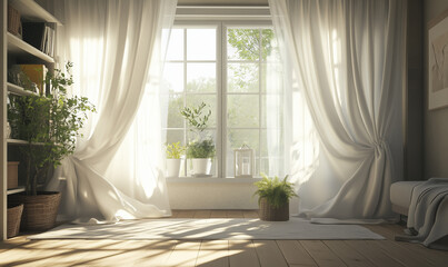A Crisp White Curtain Flows Gently, Bringing a Fresh and Inviting Atmosphere to the Room