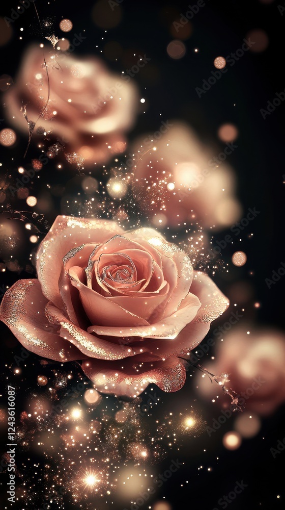Poster Elegant pink roses sparkling against a shimmering dark background create a dreamy atmosphere for romantic occasions