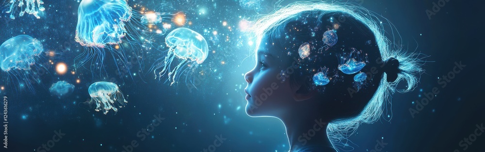 Poster serene visualization of a child's profile surrounded by luminous jellyfish in an underwater wonderla