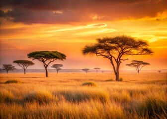 Obraz premium Serene Savannah Dawn: Golden Grasses, Pink Sky, Acacia Trees - Dreamlike African Landscape