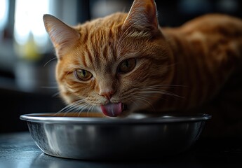 Close-Up of Orange Cat Drinking Water from Metallic Bowl on Dark Background with Soft Light Highlighting Its Furry Texture and Beautiful Eyes