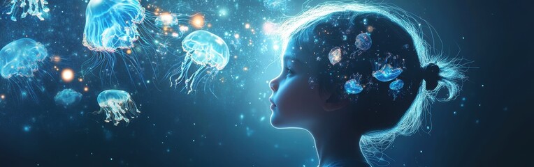 Obraz premium Serene visualization of a child's profile surrounded by luminous jellyfish in an underwater wonderland at twilight