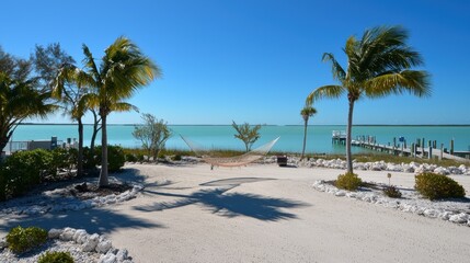 Relaxing hammock view overlooking turquoise waters tropical paradise landscape photography sunny day tranquil retreat