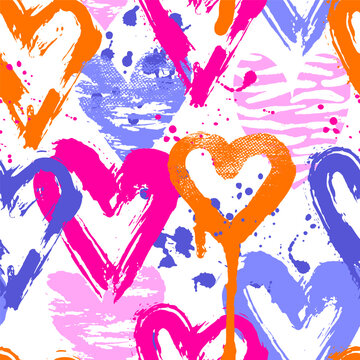 Fototapeta Abstract seamless pattern with hearts, urban elements, brush, lines,  sprays. Pink and blue wallpaper for girls. Grunge background with bright colors hearts and spay paint