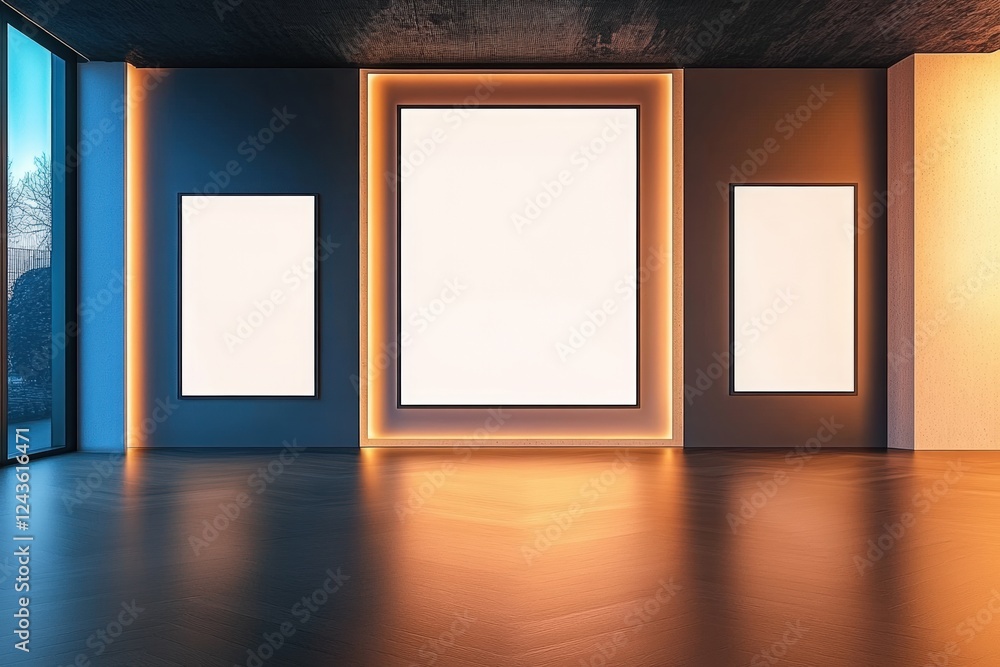 Poster modern empty gallery room with three blank frames and soft ambient lighting showcasing minimalist de