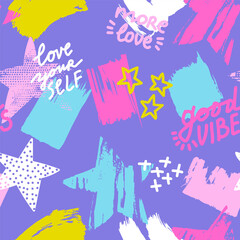 Abstract seamless pattern with graffiti spots, stars and slogans. Cool colorful background. Wallpaper for teen girl
